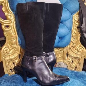 Black Leather Knee High Heel Boots